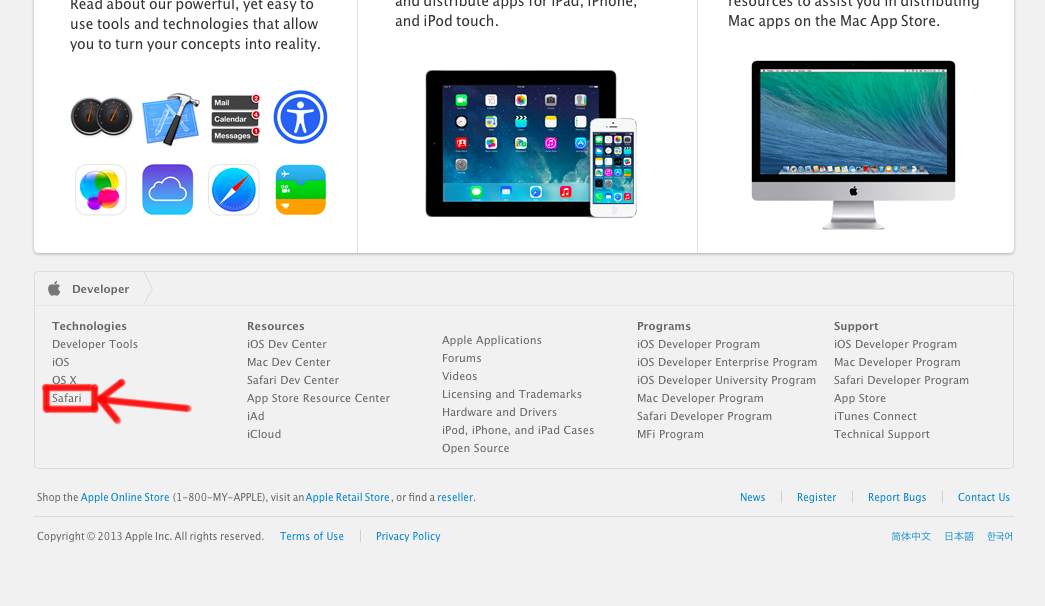safari developer page